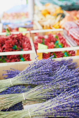 Lavender on farmer market. Typical European market of home grown produce