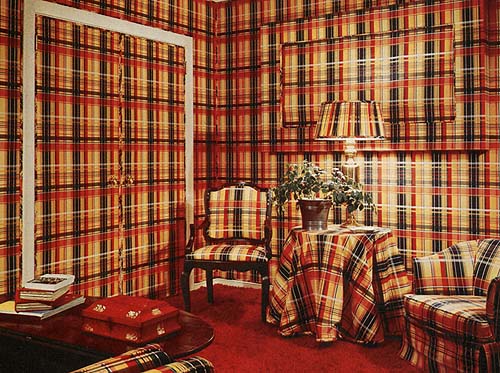 Room with checkered design of black, red and yellow