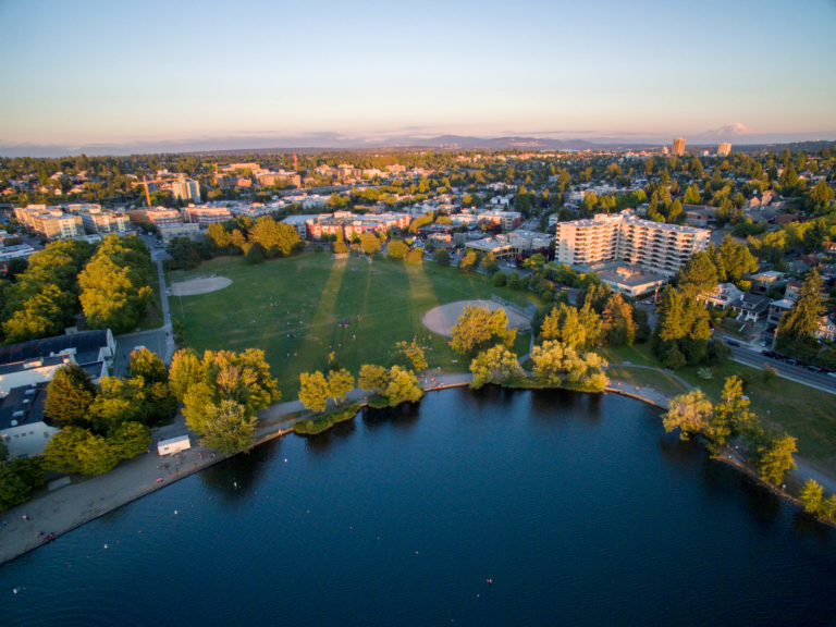 Green Lake Seattle Washington Golden Sun Rays Aerial View